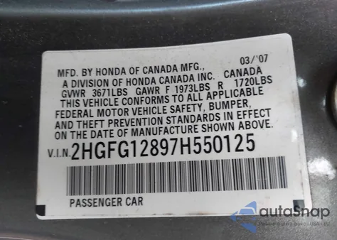 2007 Honda Civic Ex from USA, damaged, VIN 2HGFG12897H550125